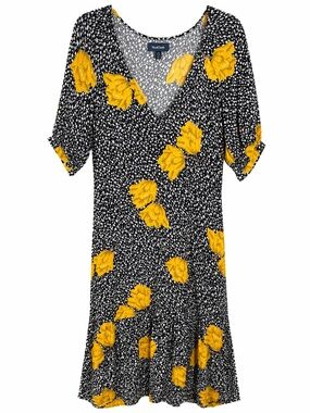 ModCloth‎ Floral Midi Dress Puff Sleeve Black Yellow Large